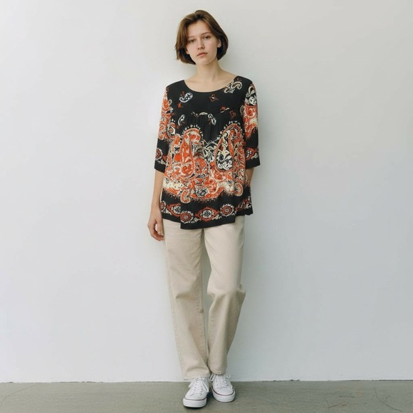 Ann Taylor LOFT Blouse Gauzy Black Peach Paisley 3/4 Sleeve Boxy Oversized Comfy - Picture 2 of 16